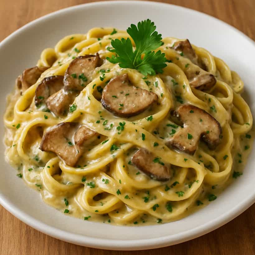 Tagliatelle con cremose ai funghi porcini, pepe nero e prezzemolo tritato