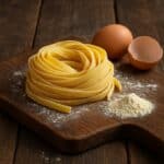 tagliatelle su tagliere in legno con uova e farina sparsa