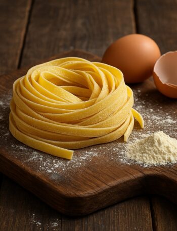 tagliatelle su tagliere in legno con uova e farina sparsa