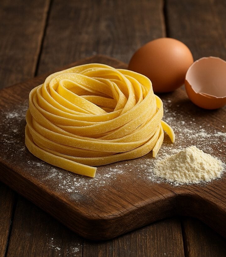 tagliatelle su tagliere in legno con uova e farina sparsa