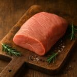 Fetta di carne di vitello rosa su tagliere in legno con rosmarino e sale grosso