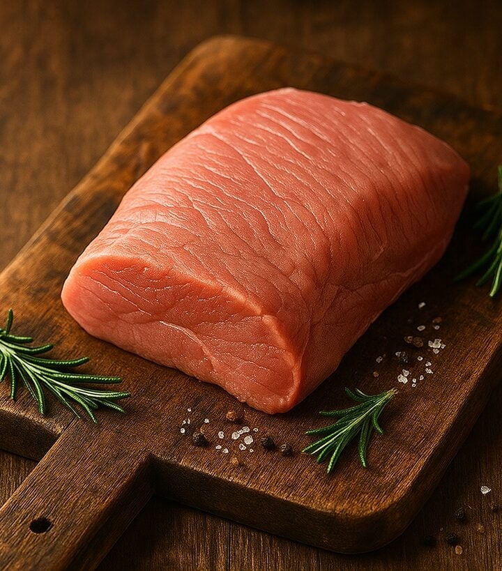 Fetta di carne di vitello rosa su tagliere in legno con rosmarino e sale grosso