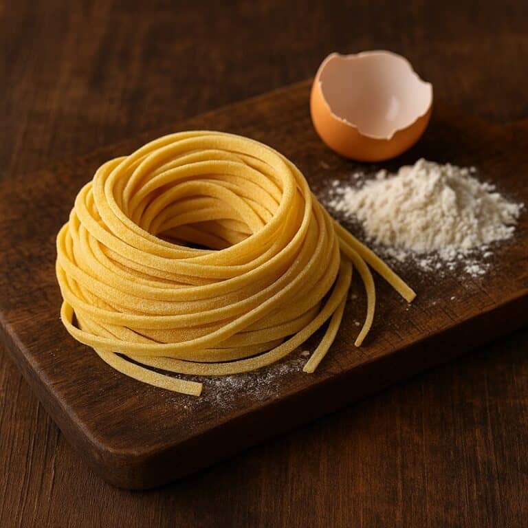 tagliolini freschi su tagliere in legno con farina e guscio d’uovo