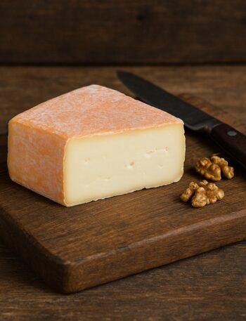 Fetta di taleggio a forma rettangolare con crosta rosata su tagliere in legno, accanto a noci e coltello