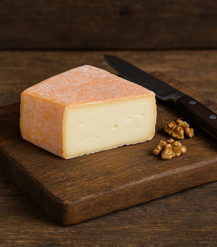 Fetta di taleggio a forma rettangolare con crosta rosata su tagliere in legno, accanto a noci e coltello