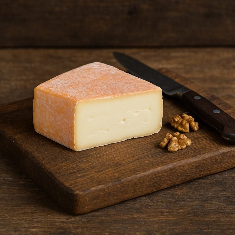 Fetta di taleggio a forma rettangolare con crosta rosata su tagliere in legno, accanto a noci e coltello