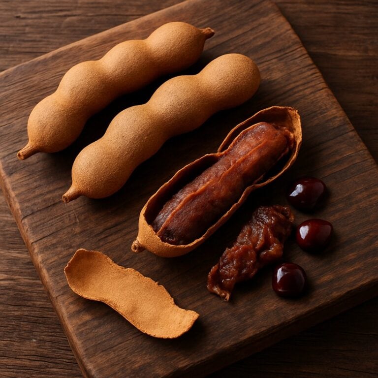 Baccelli di tamarindo aperti su tagliere in legno con polpa marrone e semi lucidi