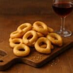 Taralli dorati su tagliere in legno con semi di finocchio e calice di vino rosso