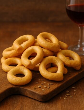 Taralli dorati su tagliere in legno con semi di finocchio e calice di vino rosso