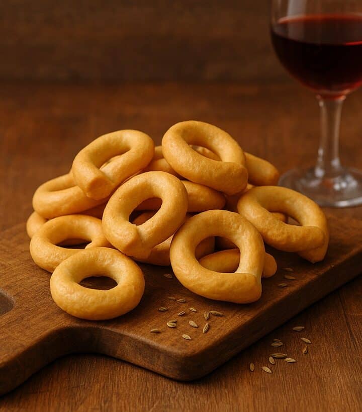 Taralli dorati su tagliere in legno con semi di finocchio e calice di vino rosso