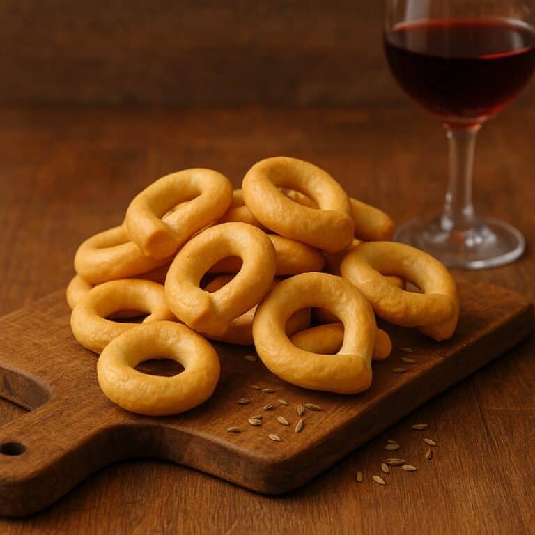 Taralli dorati su tagliere in legno con semi di finocchio e calice di vino rosso