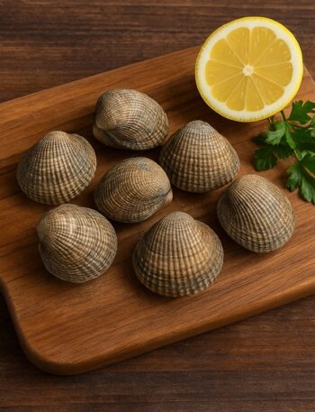 Tartufi di mare freschi su tagliere in legno, con mezzo limone e ciuffo di prezzemolo