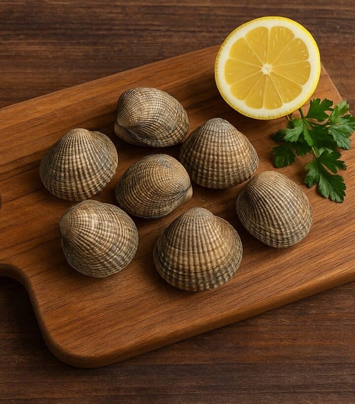 Tartufi di mare freschi su tagliere in legno, con mezzo limone e ciuffo di prezzemolo