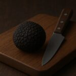 Tartufo nero intero con buccia rugosa su tagliere in legno e coltello da cucina