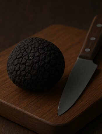 Tartufo nero intero con buccia rugosa su tagliere in legno e coltello da cucina