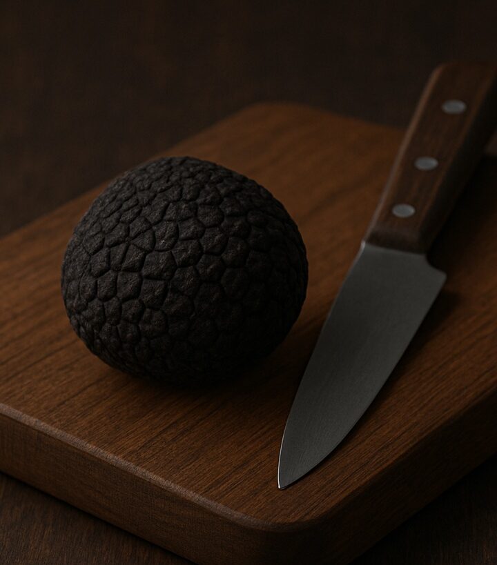 Tartufo nero intero con buccia rugosa su tagliere in legno e coltello da cucina
