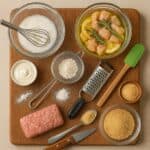 Ingredienti e utensili per tecniche base in cucina su tagliere: albume montato, marinata di pollo, farina setacciata, pangrattato e spatola