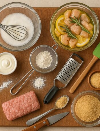 Ingredienti e utensili per tecniche base in cucina su tagliere: albume montato, marinata di pollo, farina setacciata, pangrattato e spatola