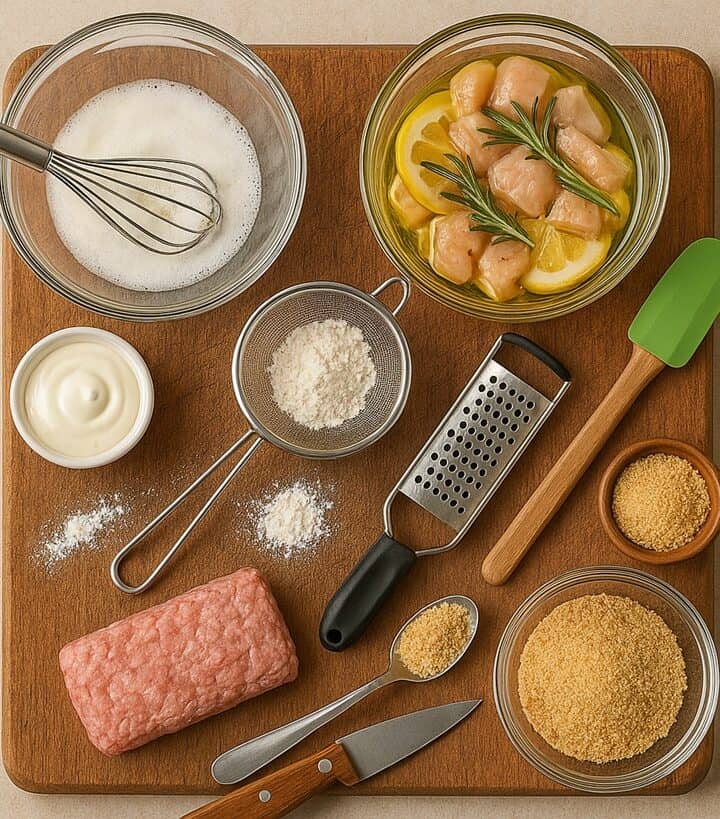 Ingredienti e utensili per tecniche base in cucina su tagliere: albume montato, marinata di pollo, farina setacciata, pangrattato e spatola