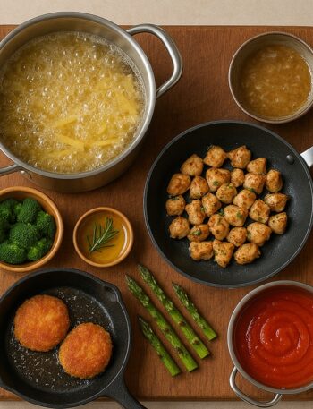 Tecniche di cottura, Pentole e padelle su tagliere rustico con cibi cotti con varie tecniche: bollitura, frittura, grigliatura, saltato, sugo e vapore