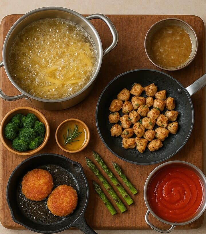 Tecniche di cottura, Pentole e padelle su tagliere rustico con cibi cotti con varie tecniche: bollitura, frittura, grigliatura, saltato, sugo e vapore