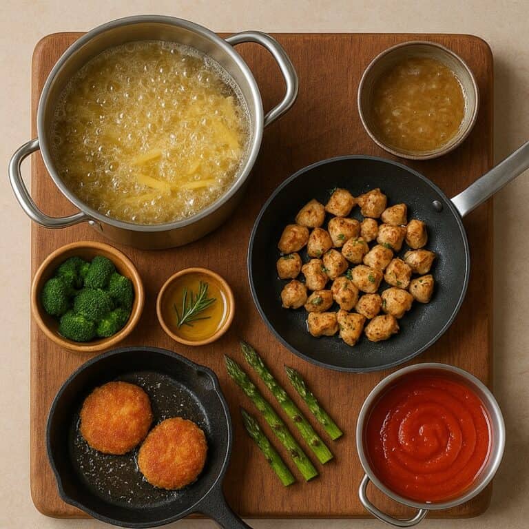 Tecniche di cottura, Pentole e padelle su tagliere rustico con cibi cotti con varie tecniche: bollitura, frittura, grigliatura, saltato, sugo e vapore