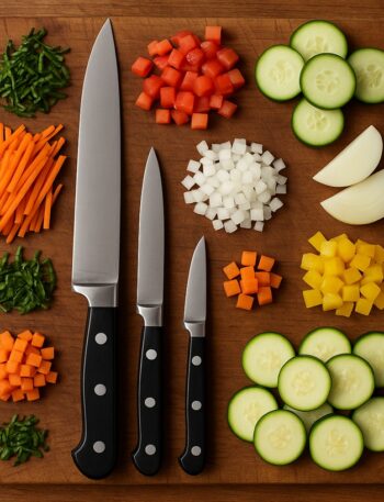 Tecniche di taglio in cucina con ingredienti tagliati in diverse forme