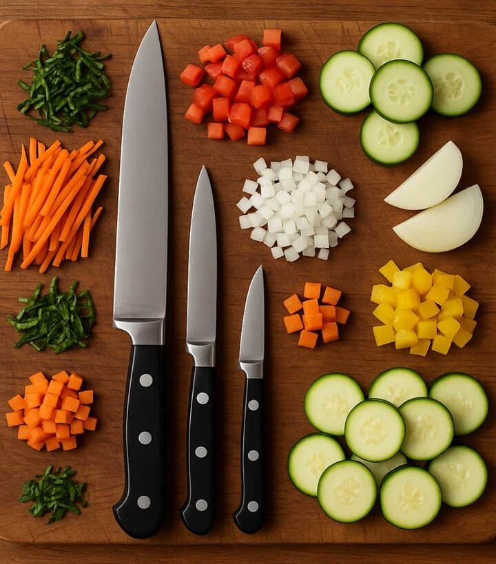 Tecniche di taglio in cucina con ingredienti tagliati in diverse forme
