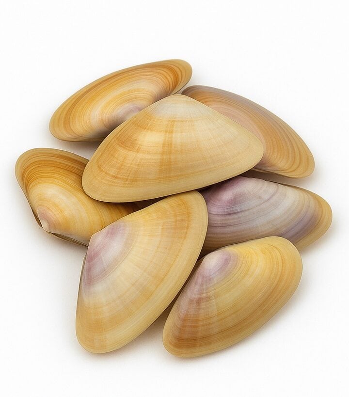 Gruppo di telline con gusci affusolati e sfumature naturali su sfondo bianco