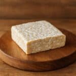 Panetto di tempeh su tagliere rotondo in legno con sfondo rustico