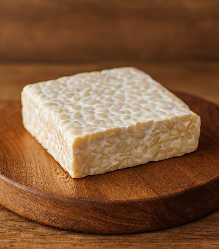 Panetto di tempeh su tagliere rotondo in legno con sfondo rustico
