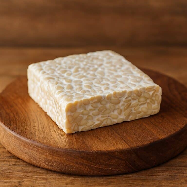 Panetto di tempeh su tagliere rotondo in legno con sfondo rustico