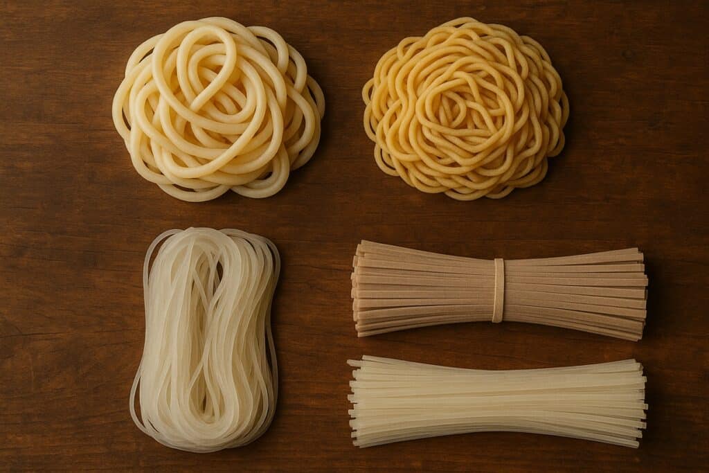 Vista dall’alto di udon, ramen, noodles di riso e soba disposti su superficie in legno