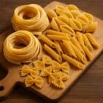 Fettuccine, conchiglie, penne rigate e farfalle crude su tagliere rustico