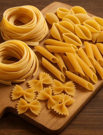 Fettuccine, conchiglie, penne rigate e farfalle crude su tagliere rustico