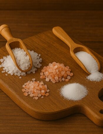 Sale grosso, rosa e fino con cucchiaini in legno su tagliere rustico
