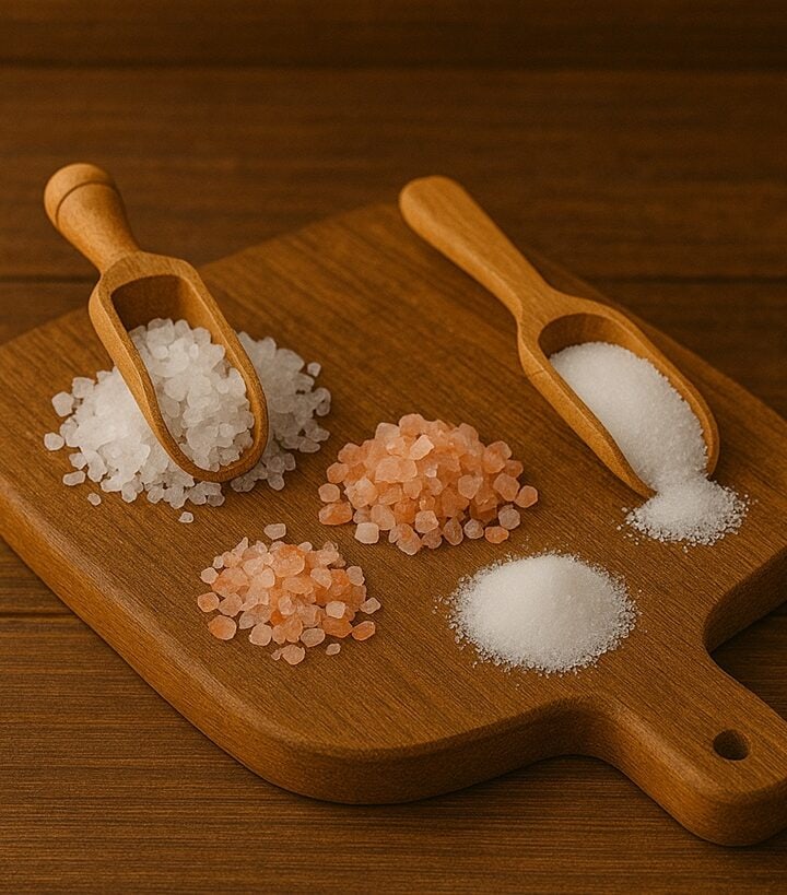 Sale grosso, rosa e fino con cucchiaini in legno su tagliere rustico