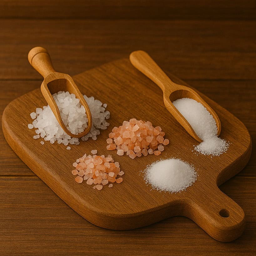 Sale grosso, rosa e fino con cucchiaini in legno su tagliere rustico
