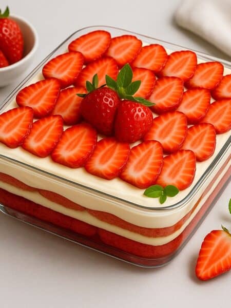 Tiramisù alle fragole con crema liscia e savoiardi rosati all’alchermes