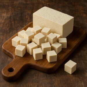 Cubetti di tofu fresco su tagliere di legno con sfondo rustico