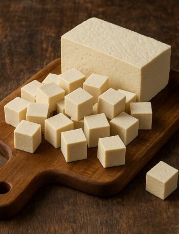 Cubetti di tofu fresco su tagliere di legno con sfondo rustico