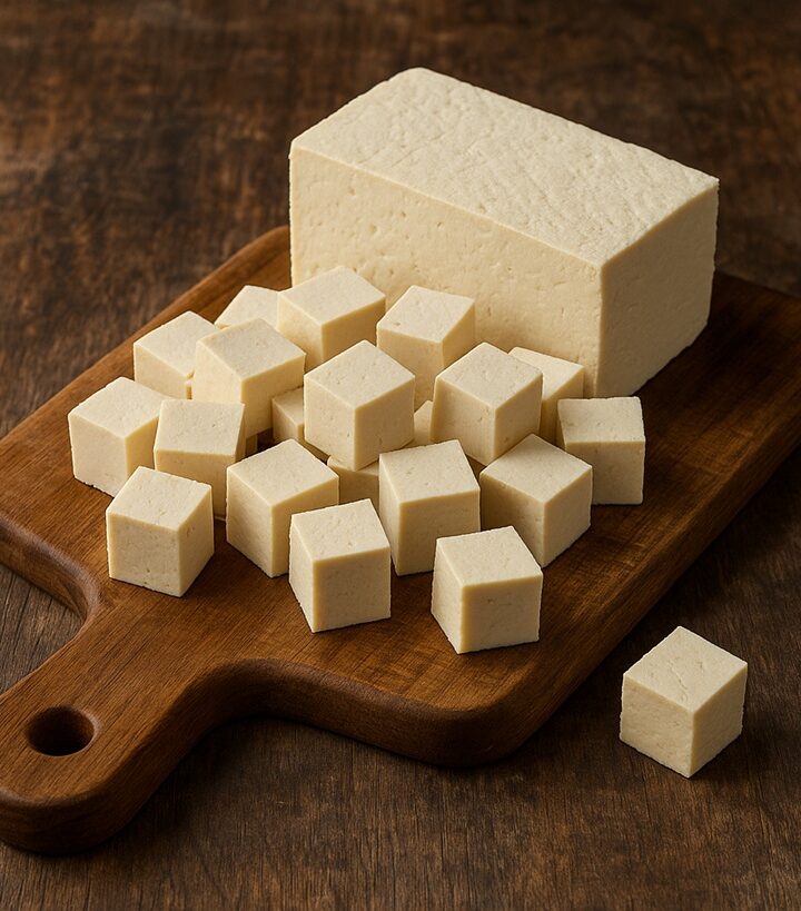 Cubetti di tofu fresco su tagliere di legno con sfondo rustico