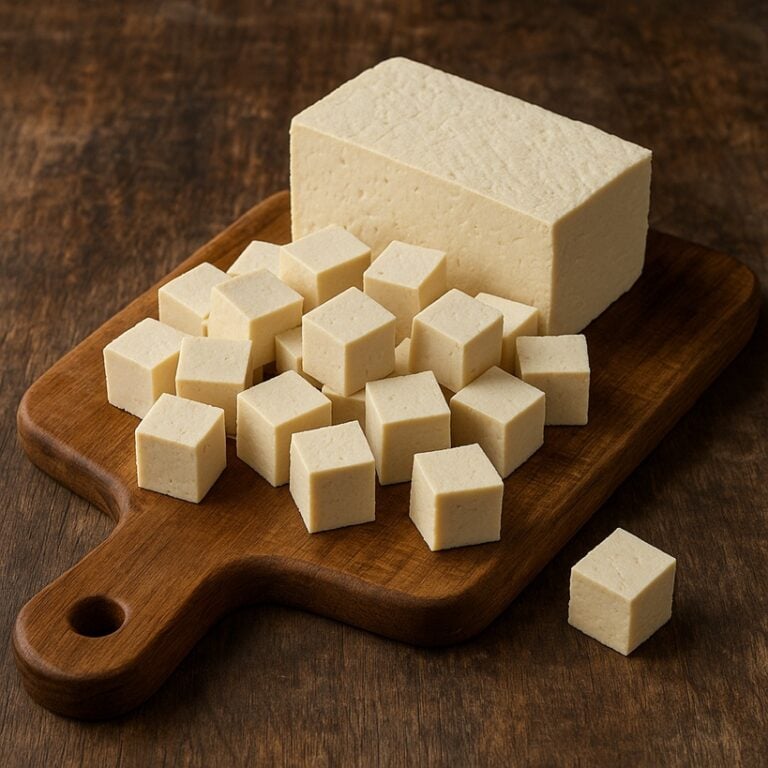 Cubetti di tofu fresco su tagliere di legno con sfondo rustico