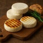 Formaggi tomino freschi e grigliati su tagliere di legno con sfondo rustico