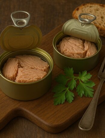 onno in scatola in due scatolette aperte su tagliere di legno con pane e prezzemolo