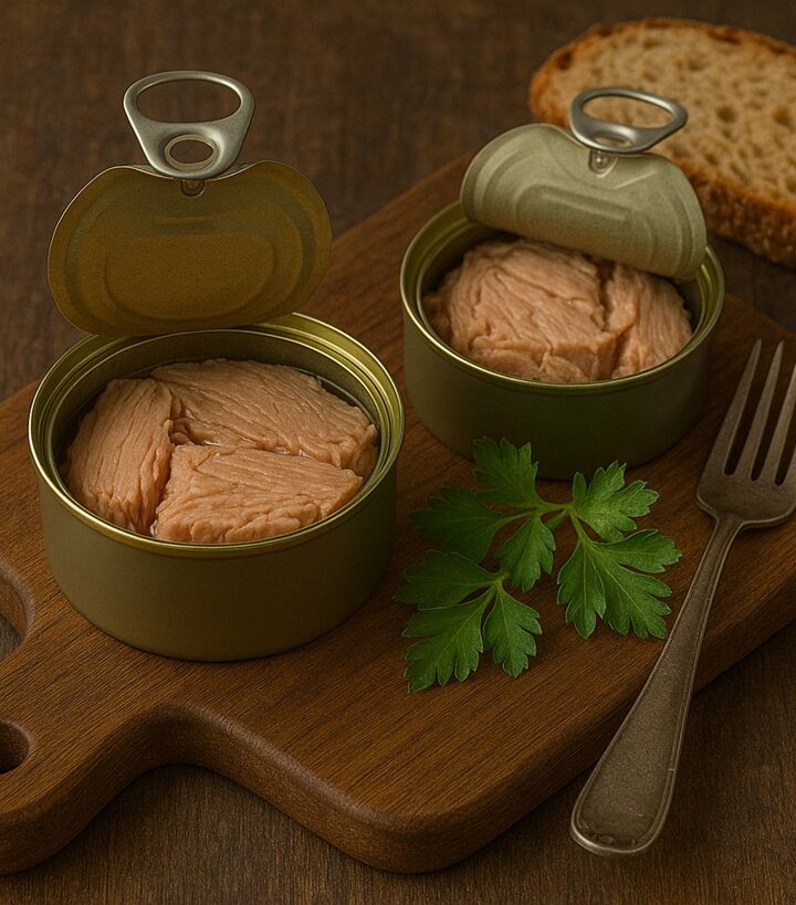 onno in scatola in due scatolette aperte su tagliere di legno con pane e prezzemolo