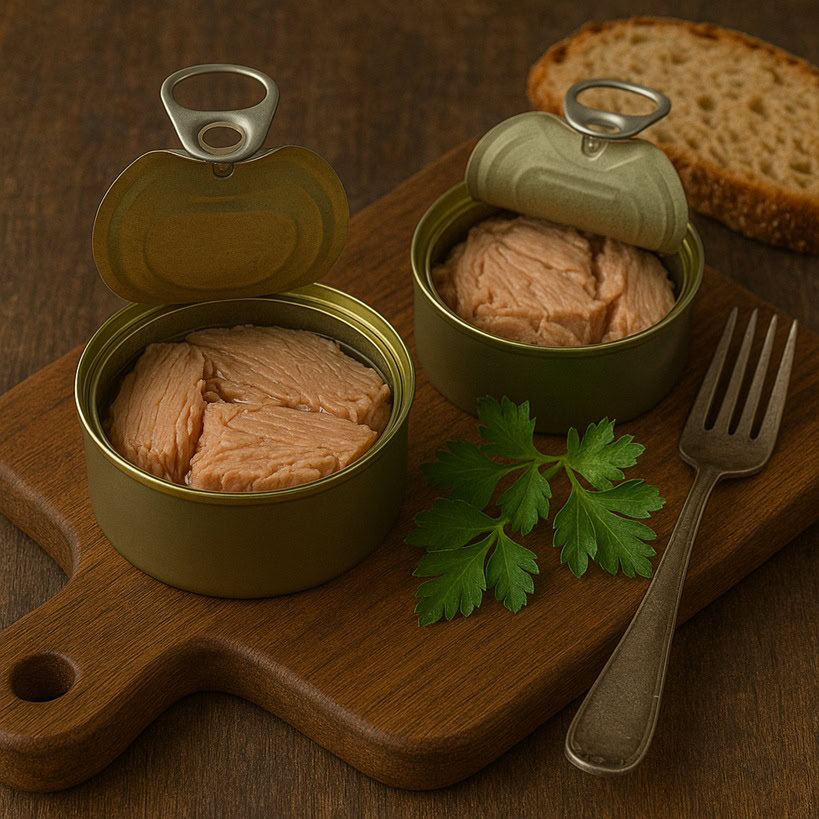 onno in scatola in due scatolette aperte su tagliere di legno con pane e prezzemolo