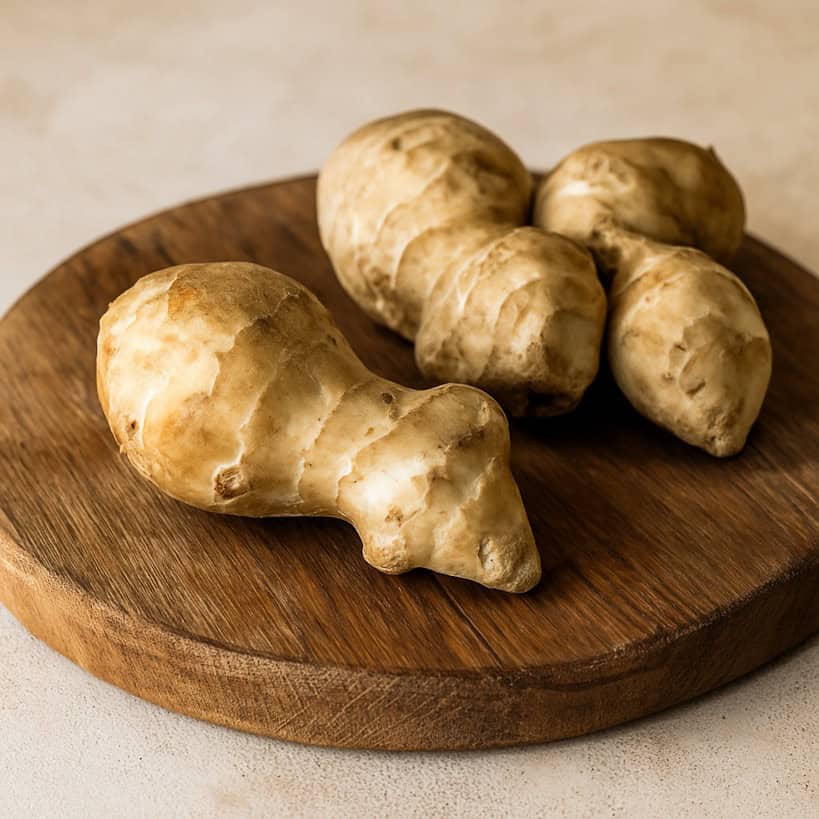 Gruppo di tuberi di topinambur su tagliere rotondo in legno