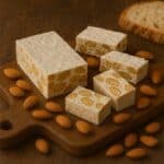 Torrone a pezzi con mandorle su tagliere in legno rustico