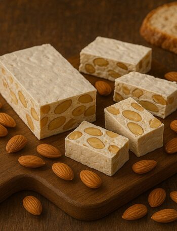 Torrone a pezzi con mandorle su tagliere in legno rustico